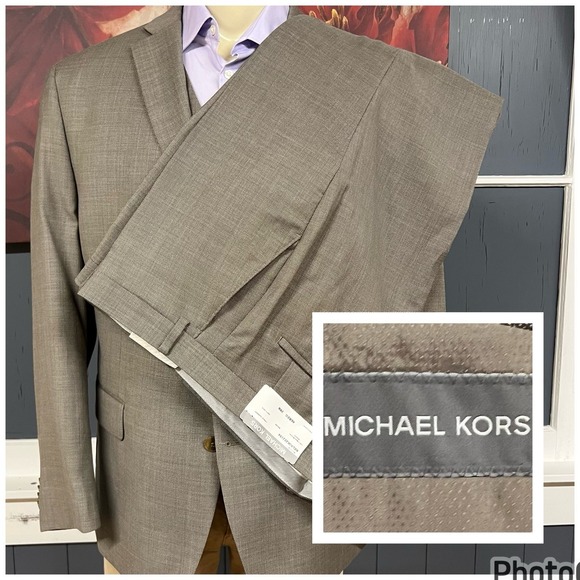 Michael Kors Hopsack Suit Mens 46R Wool Stretch Pants 39 Unhemmed Light Brown